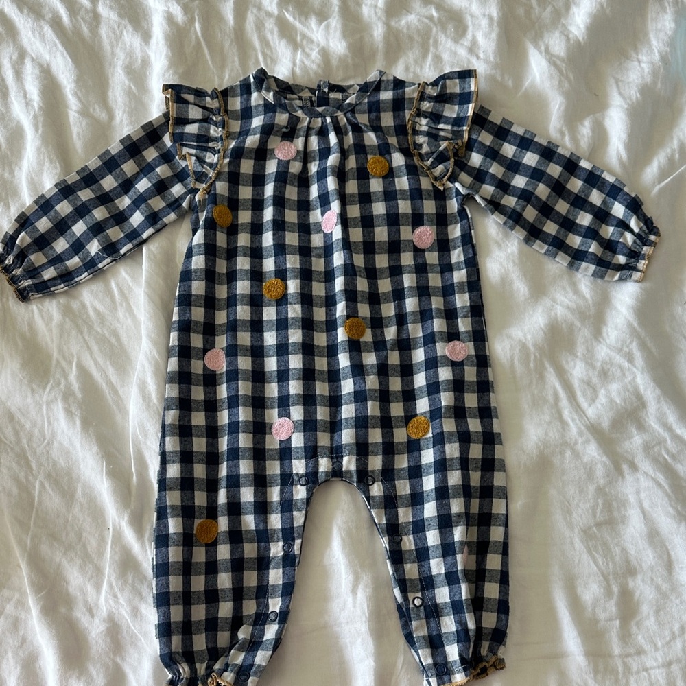Mud Pie Navy Checkered One Piece with Pink and Gold Dots